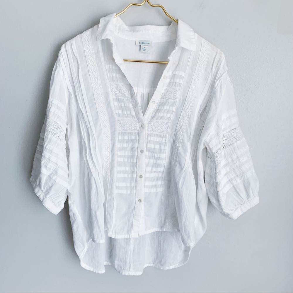 Sundance cotton lace sleeve eyelet balloon sleeve flowy blouse white size medium